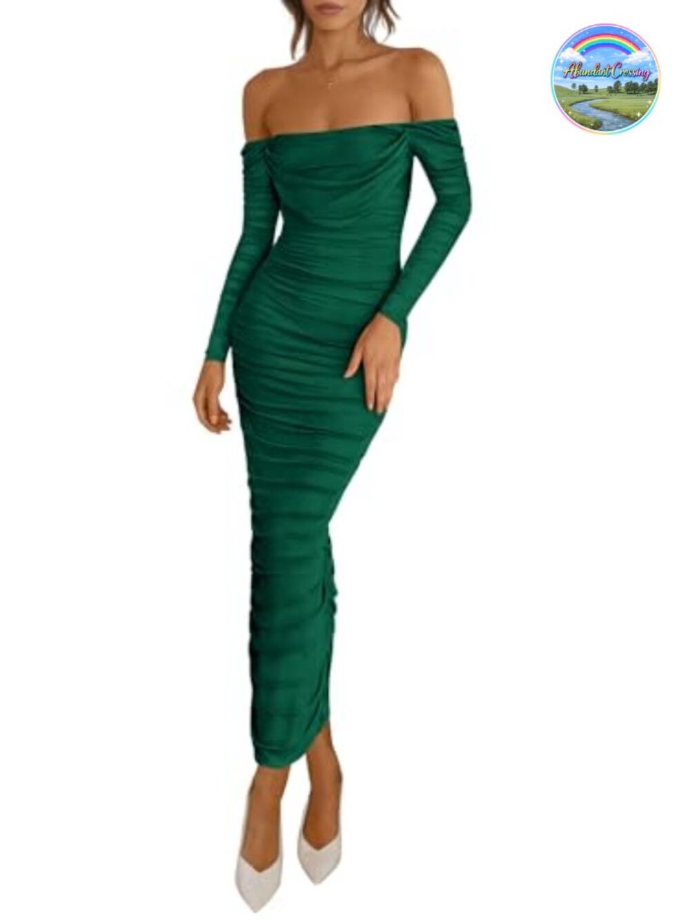 Long Sleeve Off Shoulder Mesh Maxi Dress Ruched Bodycon Formal Wedding Guest